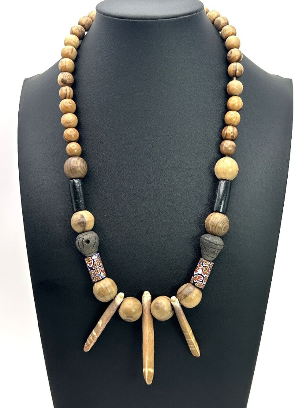 Boho Tribal Wood Bead Necklace Statement Ethnic Natural Materials Artisan